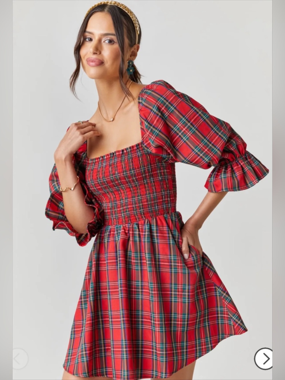 Audrey Parks + Francesca’s Red Tartain Plaid Holiday Smocked Mini Dress Small